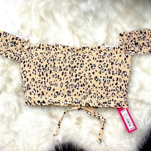 Xhiliration Amimal Print Smocked Off Shoulders Swim Bikini Top NEW